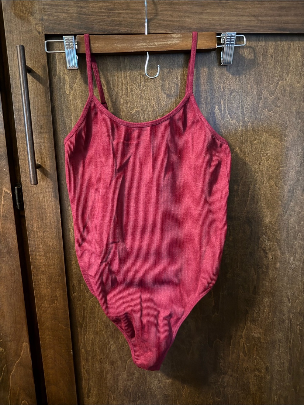 Bozzolo Ribbed  One-Piece Bodysuit in Deep Red